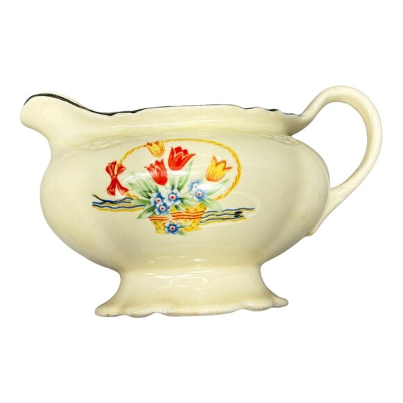 Homer Laughlin Virginia Rose Tulips in a Basket Creamer Gold Trim - Picture 6 of 7